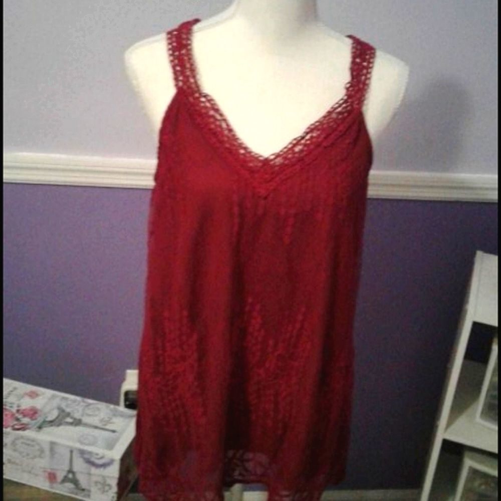NWOT Boho Romantic Burgundy Embroidered Laced Overlay Babydoll Slip Top M